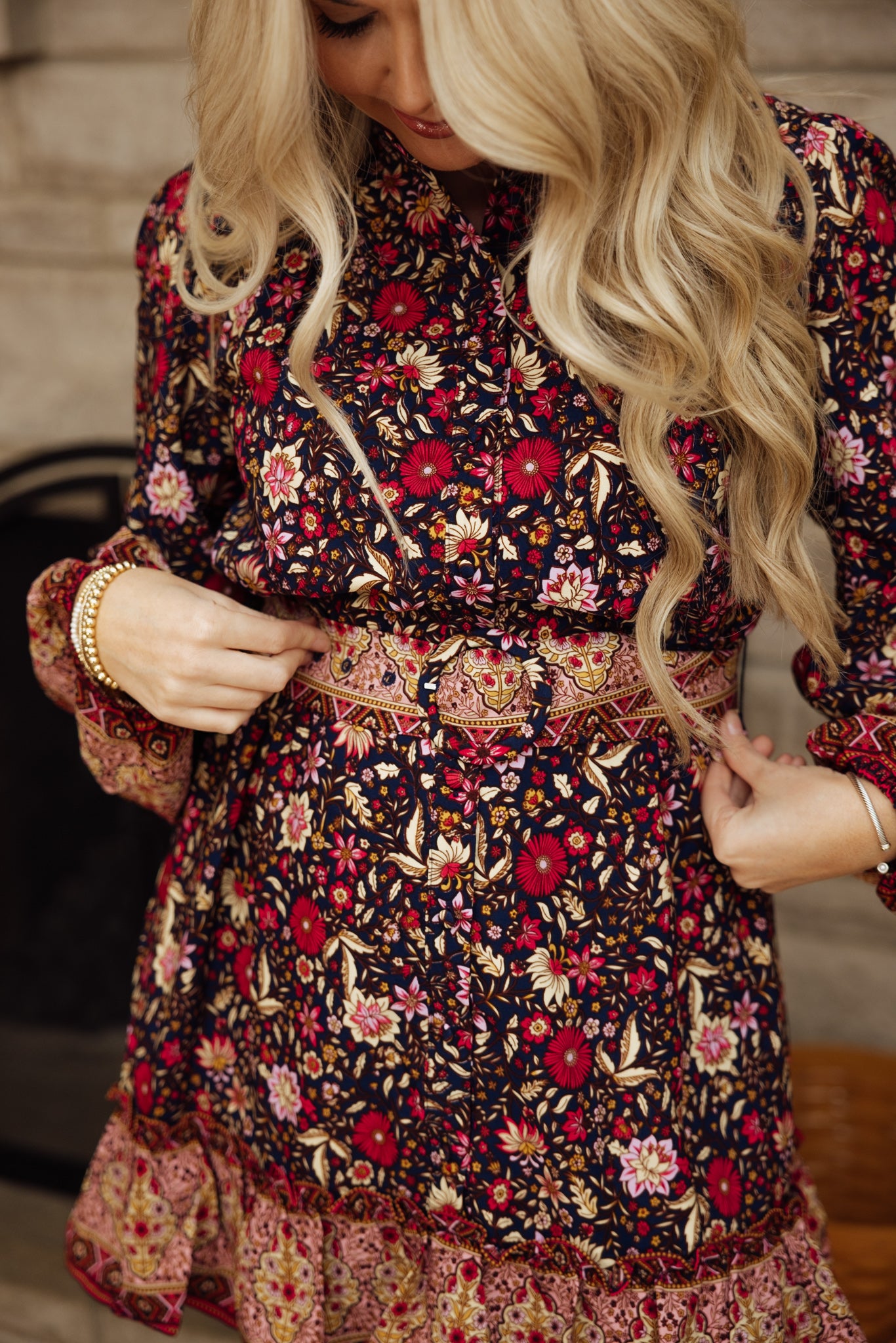 Navy Floral Belted Dress